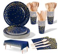 Nkaiso Anniversaire Vaisselle de fete 141 PCS Bleu Foncé Or Party Assiettes en Papier Set Assiette Dîner Papier Tasse Serviette Nappe Couteau Fourchette Cuillère -20 invités