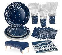Nkaiso Anniversaire Vaisselle de fete 141 Pièces Bleumarine et argent Party Assiette Anniversaire Set Comprendre Papier Assiette Serviettesr Réutilisable Couverts pour Party Decoration -20 Invités