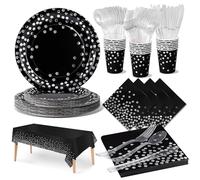 Nkaiso Anniversaire Vaisselle de fete 141 Pièces Noir et argent Party Assiette Anniversaire Set Comprendre Papier Assiette Serviettesr Réutilisable Couverts pour Party Decoration -20 Invités