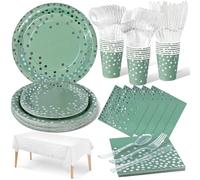 Nkaiso Anniversaire Vaisselle de fete 141 Pièces Vert gazon et argent Party Assiette Anniversaire Set Comprendre Papier Assiette Serviettesr Réutilisable Couverts pour Party Decoration -20 Invités
