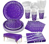 Nkaiso Anniversaire Vaisselle de fete 141 Pièces Violet et argent Party Assiette Anniversaire Set Comprendre Papier Assiette Serviettesr Réutilisable Couverts pour Party Decoration -20 Invités