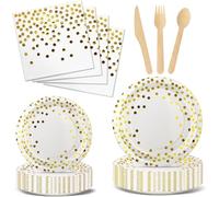 Nkaiso Anniversaire Vaisselle de fete 144 Pièces Blanc Or Party Assiette Anniversaire Set Comprendre Papier Assiette Couverts Serviettesr pour Party Decoration Baby Shower -24 Invités
