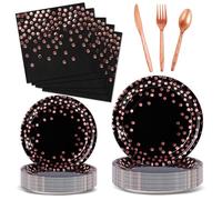 Nkaiso Anniversaire Vaisselle de fete 144 Pièces Noir et or rose Party Assiette Anniversaire Set Comprendre Papier Assiette Serviettesr pour Party Decoration -24 Invités
