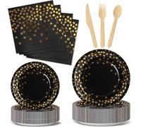 Nkaiso Anniversaire Vaisselle de Fete 144 Pièces Noir Or Party Assiette Anniversaire Set Comprendre Papier Assiette Couverts Serviettesr pour Party Decoration Baby Shower -24 Invités