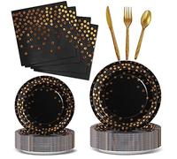 Nkaiso Anniversaire Vaisselle de fete 144 Pièces Noir Or Party Assiette Anniversaire Set Comprendre Papier Assiette Serviettesr Réutilisable Couverts pour Party Decoration -24 Invités