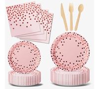 Nkaiso Anniversaire Vaisselle de Fete 144 Pièces Pink et Rose Or Party Assiette Anniversaire Set Comprendre Papier Assiette Couverts Serviettesr pour Party Decoration Baby Shower -24 Invités