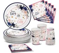 Nkaiso Floraux Gender Reveal Vaisselle, 96Pcs Baby Shower Assiette Kit Bébé Girl Or Boy Party Decoration, Fête Assiettes Carton Gobelet Serviettes en Papier, Fête de Révélation de Genre - 24 invités
