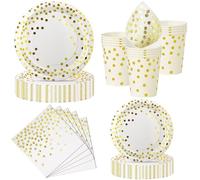 Nkaiso Set de Vaisselle Jetable 50 Pièces Blanc Or, Service Tout-Inclus pour 10 Personnes - 10 Assiettes Plates, 10 Assiettes Dessert, 10 Gobelets, 20 Serviettes - Pour Anniversaire, Mariage, Fête