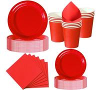 Nkaiso Set de Vaisselle Jetable 50 Pièces Rouge Vif - 10 Assiettes 23cm, 10 Assiettes 18cm, 10 Gobelets, 20 Serviettes - Pour Noël, Saint-Valentin, Fête Nationale - 10 Invités