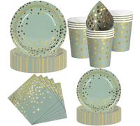 Nkaiso Set de Vaisselle Jetable 50 Pièces Vert Sauge et Or, 10 Assiettes Plates, 10 Assiettes Dessert, 10 Gobelets, 20 Serviettes - Pour Anniversaire, Mariage, Fête - 10 Invités