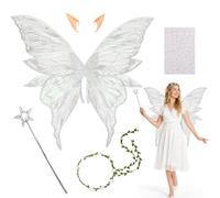 NKFBEV 5 Pièces Ailes de Fée Adulte/Enfant, Ailes de Papillon, Ailes de Princesse, avec Oreilles d'Elfe, Autocollant, Couronne Fleur et Baguette Magique, pour Carnaval,Halloween,Cosplay, Argent