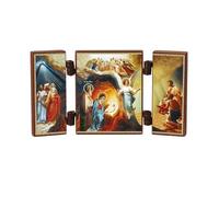 NKlaus 15919 - Triptyque d'icône orthodoxe - Naissance du Christ - Pliable - En bois - 12,7 x 8,4 cm - Icône faite à la main avec anges et saints - Style byzantin pour coin de prière et cadeau