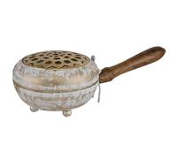 NKlaus Brûleur d'encens en fer 23 x 11,5 x 7 cm - Brûleur d'encens antique avec manche en bois, patine vintage, pour rituels, méditation et église, avec couvercle et motif d'aération 16408