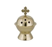 NKlaus Brûleur d'encens en laiton avec croix 11,7 x 7,5 cm - Brûleur d'encens de qualité supérieure pour l'église, la liturgie et la méditation, avec ouvertures en étoile pour une répartition optimale