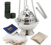 NKlaus Coffret encensoir argenté avec résines Naturelles Pince Charbon coupelle Amovible rituel méditation Purification détente Artisanat Laiton Fait Main Hauteur 14 cm 2917