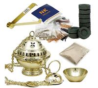 NKlaus Coffret encensoir doré 14 pièces avec encens résines Sable Pince Charbon coupelle Amovible rituel méditation Purification Cadeau Spirituel Fait Main Hauteur 14 cm 2916