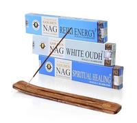NKlaus Golden Nag Reiki Energy, White Oudh & Spiritual Healing + support en bois, lot de 3 bâtonnets d'encens, pour la guérison, la méditation et la clarté