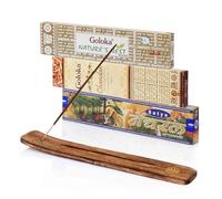 NKlaus Goloka Nature's Nest, Chandan & Satya Natural Lot de 3 bâtonnets d'encens indiens aux arômes naturels avec support en bois