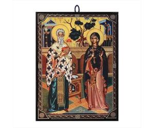 NKlaus Icône cyprienne et Justina, bois, 9,7 x 13,5 x 1,2 cm | Icône orthodoxe chrétienne de Grèce