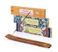 NKlaus Lot de 3 bâtonnets d'encens Goloka, Namaste Nag Champa, sauge | Encens naturel indien avec support en bois pour nettoyage et méditation