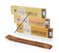 NKlaus Lot de 3 bâtons d'encens - Golden Nag Vanilla, musc de cannelle et ambre + support en bois - Arôme sucré et épicé pour la détente