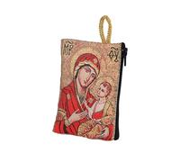 NKlaus Maria Hodegetria Sac pour chapelet 7 x 10 cm, rouge et doré, brodé, avec fermeture éclair et dragonne, étui religieux pour prière et pèlerinage