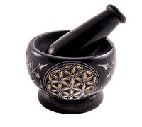 NKlaus Mortier Fleur de Vie Or en stéatite Ø 9cm noir avec pilon Mortarium 0,8kg lourd bol à râper Epices Herbes Encens 1371