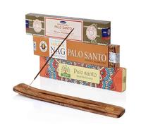 NKlaus Palo Santo - Satya, Golden Nag & Namaste India - Lot de 3 bâtonnets d'encens - Avec support en bois - Parfum naturel d'Inde