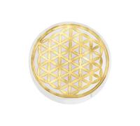 NKlaus Plaque de chargement en sélénite ronde de 8 cm avec gravure de fleur de vie dorée - Idéal pour recharger les pierres précieuses, le travail des chakras, l'aide à la méditation et la décoration