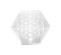 NKlaus Plaque de sélénite avec gravure chakra - 10 x 9 cm - Hexagone pour l'énergie du cristal et la méditation - Fleur de vie - Nettoyant énergétique - Pierre d'autel ésotérique - 16596