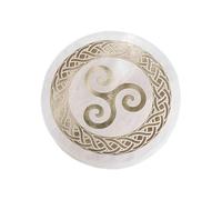 NKlaus Plaque de sélénite ronde de 10 cm avec triskèle doré et nœud celtique - Plaque d'énergie pour pierres précieuses, autel, méditation, décoration spirituelle et symbole de protection 16607