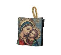 NKlaus Sac chapelet 6,6 x 7,2 cm - Maria en robe bleu clair avec enfant, doré brodé, fermeture éclair et passant - Étui religieux pour prière et pèlerinage