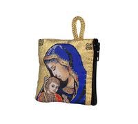 NKlaus Sac chapelet 6,6 x 7,2 cm - Marie en robe bleue avec enfant, doré brodé, fermeture éclair et dragonne - Étui religieux pour prière et pèlerinage