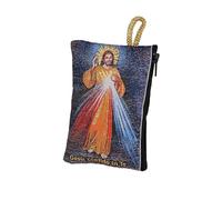 NKlaus Sac chapelet 7 x 10 cm - Jésus la Miséricorde, avec inscription Gesù, confido in Te, doré brodé avec fermeture éclair - Étui religieux