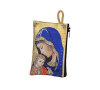 NKlaus Sac chapelet 7 x 10 cm - Marie avec enfant Jésus, brodé en bleu et doré, fermeture éclair et boucle dorée, étui religieux pour prière et voyage de pèlerinage
