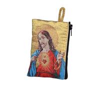 NKlaus Sac chapelet 7 x 10 cm - Sacré cœur de Jésus sur tissu doré, brodé avec fermeture éclair, idéal pour chapelet et cartes de prière