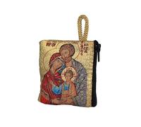 NKlaus Sac pour chapelet 6,6 x 7,2 cm - Sainte Famille sur tissu brodé doré, avec fermeture éclair et dragonne - Étui religieux pour prière et pèlerinage