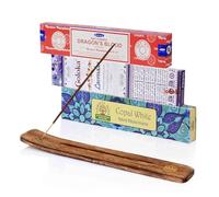 NKlaus Satya Lot de 3 bâtonnets d'encens Satya Dragon Blood, Goloka Lavande et Namaste Blanc copal + support en bois Pour la détente et le nettoyage de la pièce