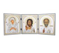 NKlaus Sept flèches Mère de Dieu, Jésus, Saint-Nicolas, triptyque, 18 x 46 | Le triptyque de l'autel de la maison représente la mère de Dieu des sept flèches, Jésus-Christ et le Hl. Père Noël en bois
