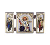 NKlaus Triptyque en bois, Saint Spyridon, 9,5 x 5,2 x 0,6 cm, 1 pièce | Icône chrétienne d'autel de voyage avec l'archange Gabriel et Michael, gaufrage doré et couche vernie