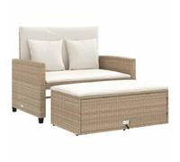 NKOPPFG Canapé de jardin 2 places en rotin synthétique beige avec coussin | Fonction canapé-lit, tabouret avec compartiment de rangement, housses amovibles et lavables, extérieur, balcon, terrasse