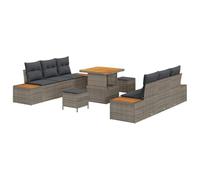 NKOPPFG Ensemble de canapé de jardin 9 pièces en polyrotin gris bois d'acacia | Coussin modulaire avec fermeture éclair, compartiments cachés, pour terrasse et jardin