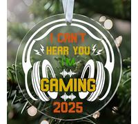 NKPDesigns Décoration de Noël ronde en acrylique avec inscription « I Can't Hear You » - Motif casque - Souvenir des fêtes - Cadeau pour les amateurs de musique et les adolescents