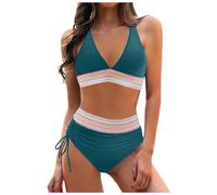 Nlaayong Maillot de Bain Femme 2 Pieces Col V Taille Haute Triangle Bikini Set Push Up Sexy Élégant Beachwear Ensemble de Swimsuit