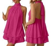 Nlaayong Robe Femme Chic et Elegant Été Robes Courte Ample Col Halter sans Manches Sexy Mini Robe Dos Nu à Nouer Casual Robes en Mousseline Volants Fluide Dresses pour Soirée Clubbing Plage Vacances