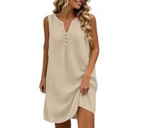 Nlaayong Robe Femme Coton Et Lin Été - Robes Chic Et Elegant sans Manches Col en V Boutonné Robes Décontracté Ample Habillée Ete Fluide Grande Taille Couleur Unie Dress Casual Plage Vacances