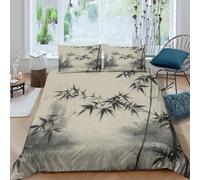 NLAESGHOG Bamboo Branch Linge de Lit 3 pièces Imprimé en 3D Confortable Asian Ink Peinture Style Housse de Couette avec 2 Taies d'oreiller Super Douce for Décoration de Chambre Single（135x200cm）