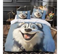 NLAESGHOG Chien Husky Heureux 3D Imprimé Housse de Couette 3 pièces Microfibre Entretien Facile Dessin animé Drap de Couette 2 taies éclair caché Famille invités Double（200x200cm）