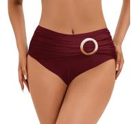 NLAND Bas de Maillot Taille Haute Femme Vintage Bas de Bikini Culotte,Maillot de Bain Femme Élégant Ruched Bikini Slips Contrôle ave Un Design Circulaire Élastique,Bourgogne XL
