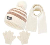 NLAND Enfant Bonnet Écharpe et Gants 3 en 1 Bonnet en Tricot avec Pompon Thermique Tour de Cou Gants à Doublure Polaire Accessoires Hiver pour Fille Garçon 1-5 Ans(Beige,Taille Unique)